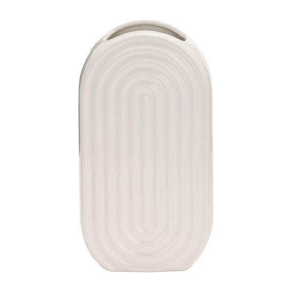 Cer, 11" Oval Ridged Vase, White