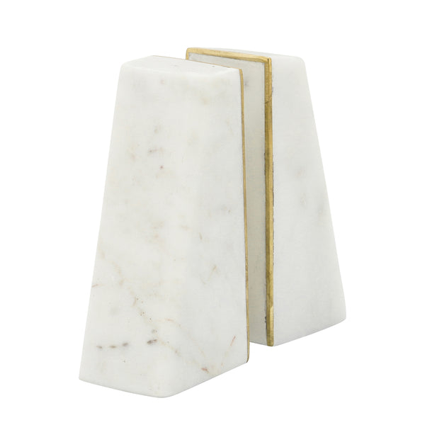 S/2 Marble 6"h Slanted Bookends W/gold Trim,white