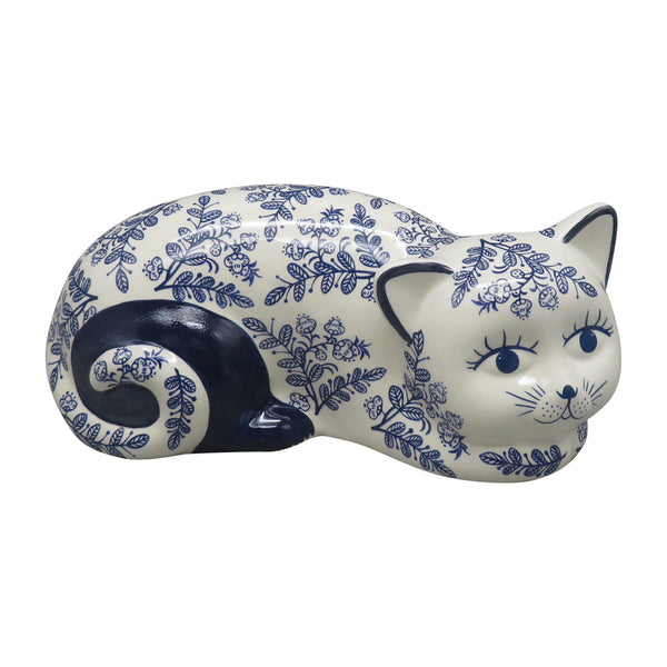 Cer, 9" Sleeping Chinoiserie Cat, Blue/white