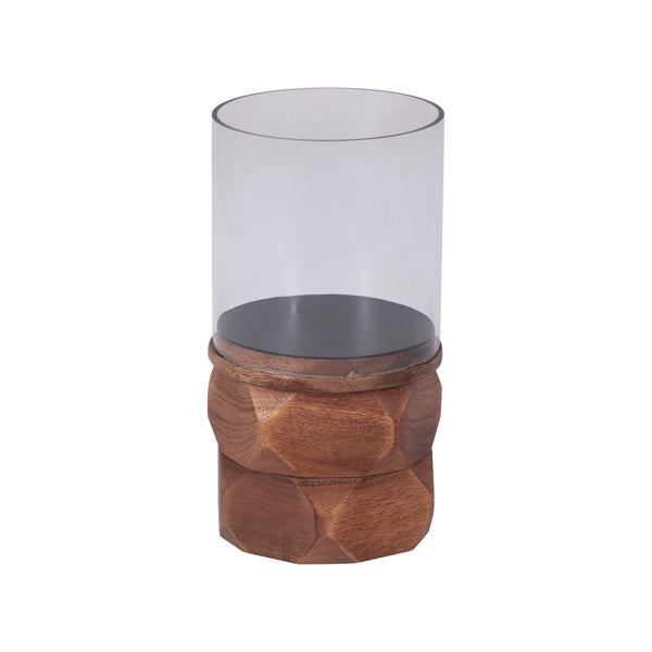 Wood, 8" Stacked Hexagon Pillar Hurricane, Brown