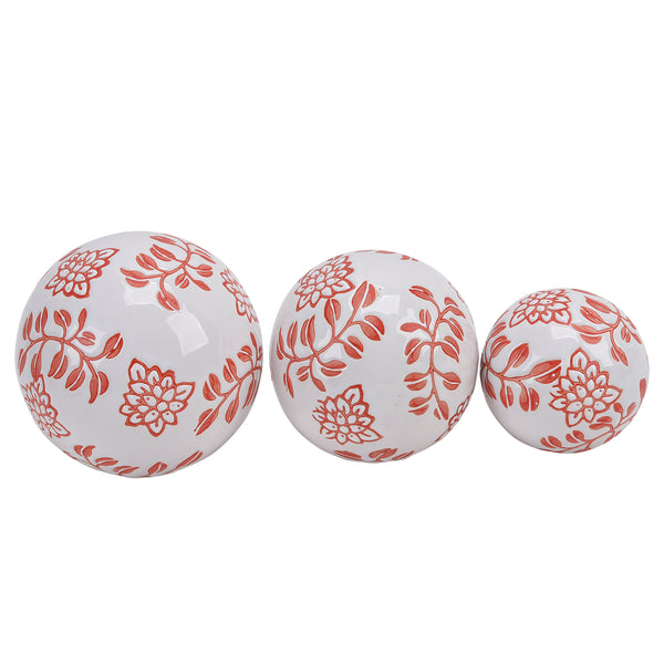 Cer, S/3 Fern Flower Orbs, 4/5/6" White/red