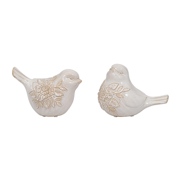 Cer, S/2,  Birds With Flower Decals, Ivory