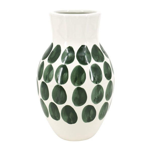 Cer, 10"h Forest Green Polk-a-dot Flower Vase,wht