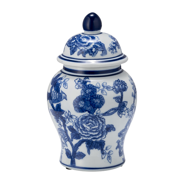 Cer, 8" Temple Jar Bird/flower, Blue