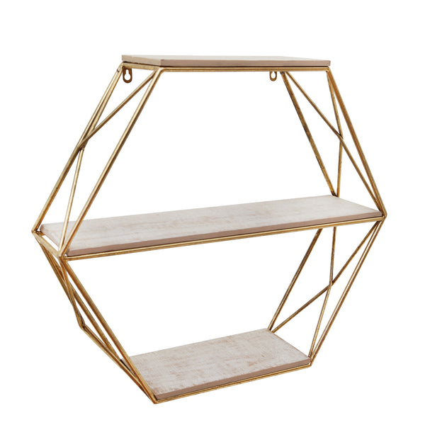 Metal / Wood 3 Tier Hexagon Wall Shelf, Gold