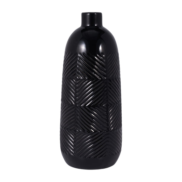 Cer, 16" Textured Lines Vase, Black