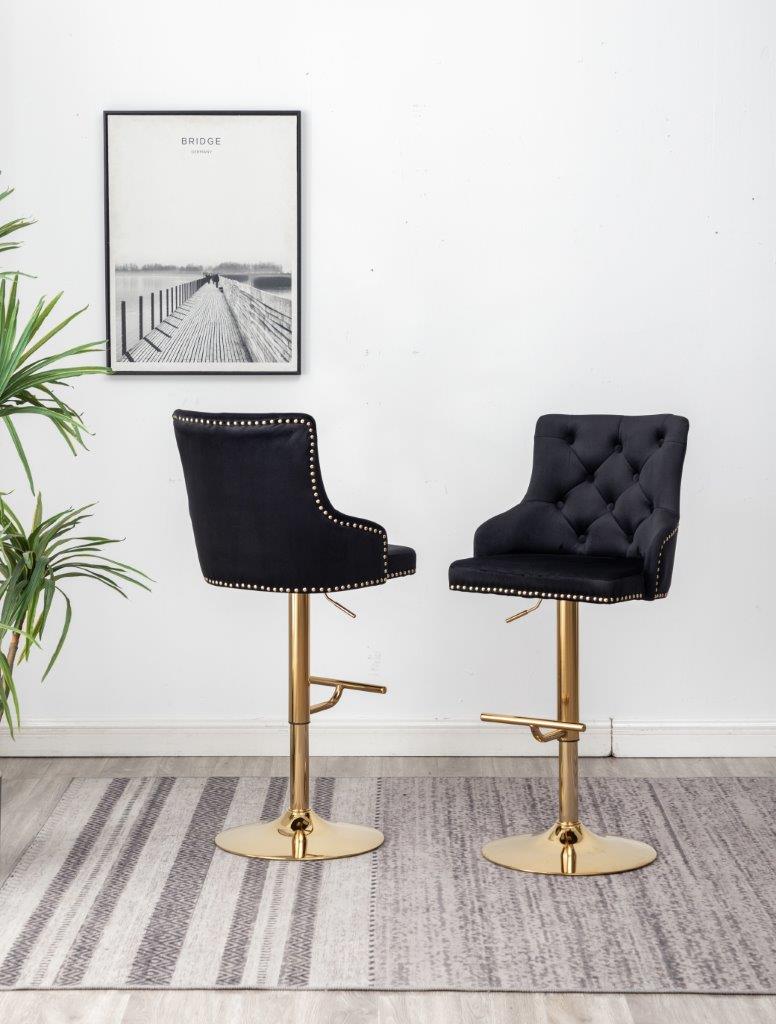 Velvet Tufted Gold Bar Stool in Black