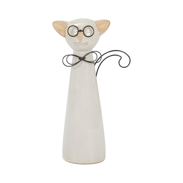 Cer, 11"h Cat W/ Glasses, Beige