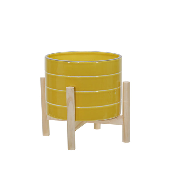 8" Ceramic Striped Planter W/ Wood Stand, Yellow