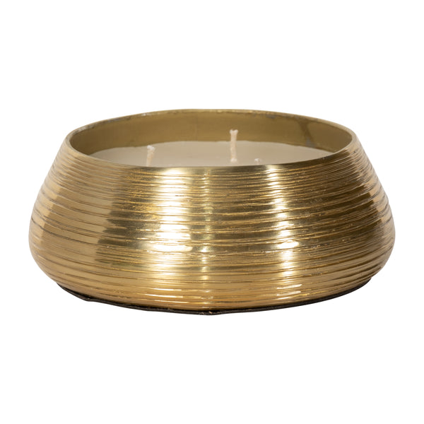 6" 15 Oz Santal Vanilla Etched Metal Candle, Gold