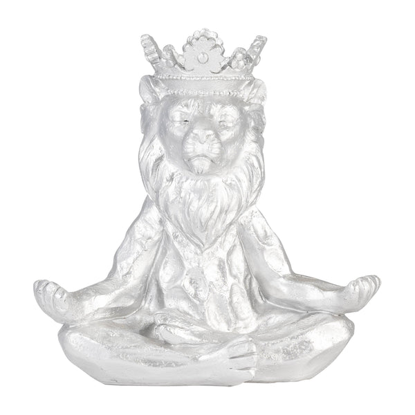 Resin 7" Yoga Lion W/ Crown, Silver