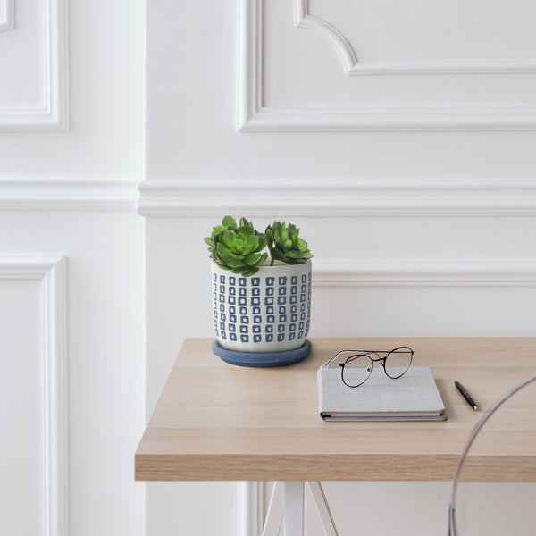 5" Tiny Squares Planter W/ Saucer, Blue