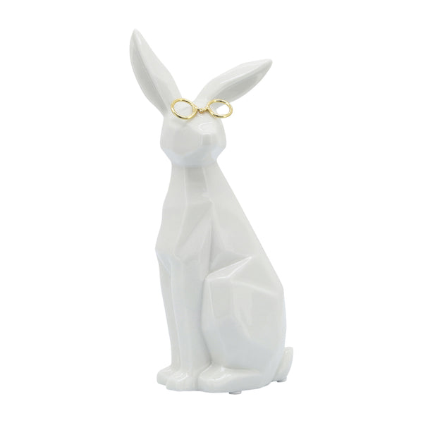 Cer, 8"h Sideview Bunny W/ Glasses, White/gold