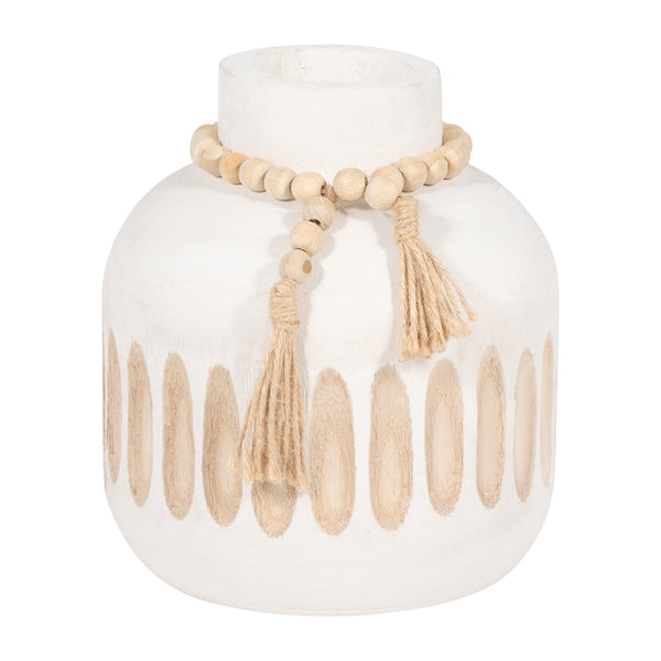 Wood, 8" Round Ridged Vase W/ Tassels, White