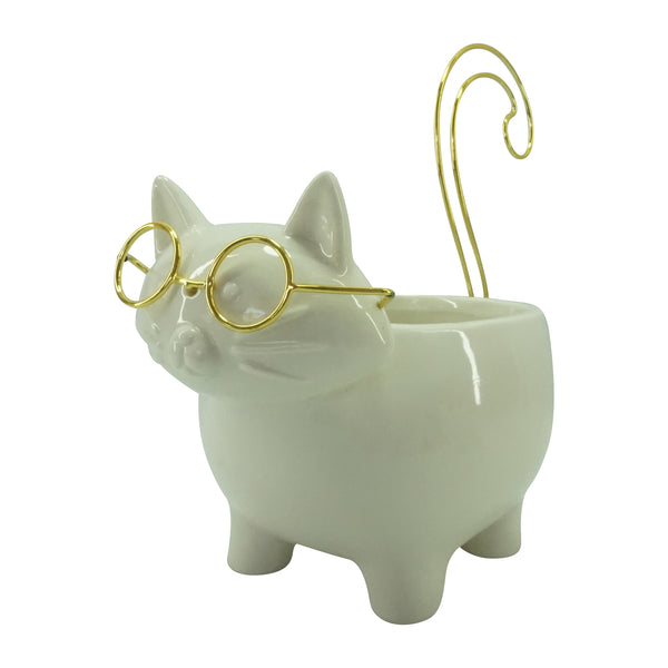 Cer, 8" Kitty Trinket Dish, White/gold