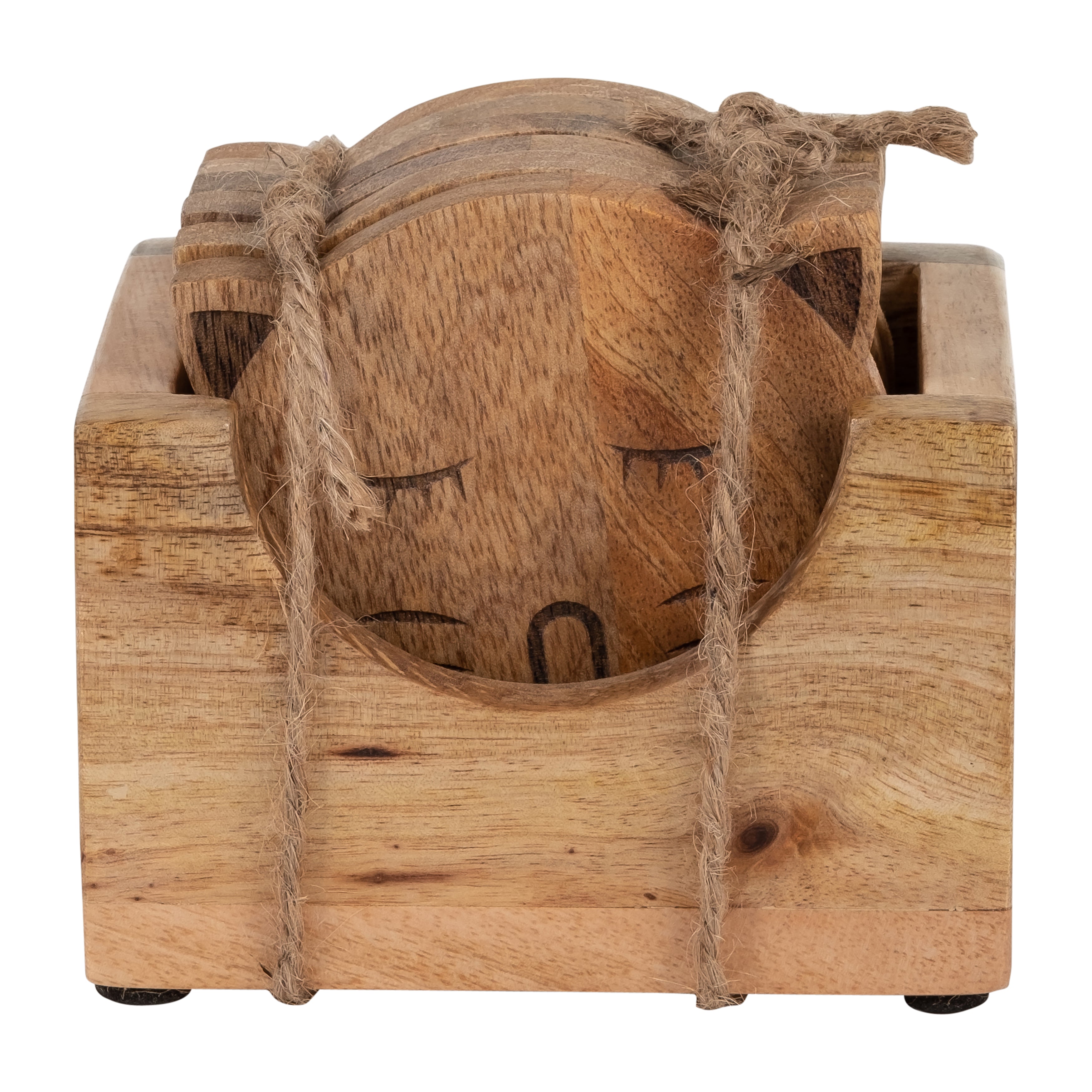 Wood, S/6  Cat Face Coasters W/ Stand,natural