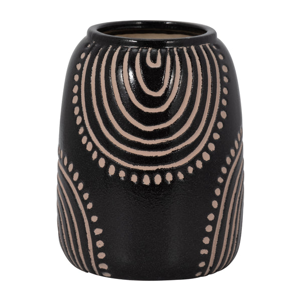 Cer, 9" Tribal Arch Vase, Black/tan