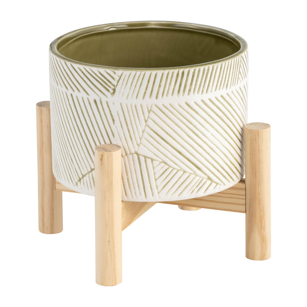 6" Ceramic Planter W/ Wood Stand, Green Mix