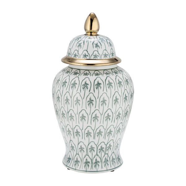 Cer, 18"h Temple Jar, Green/gold