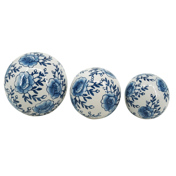 Cer, S/3 Chinoiserie Lotus Orbs, 4/5/6" Blue/wht