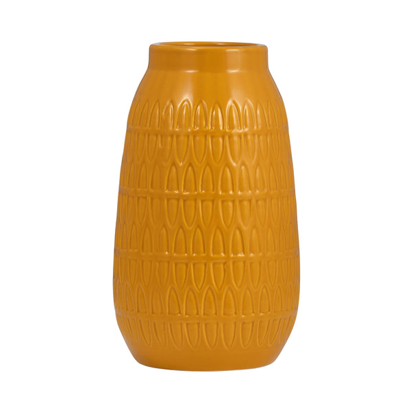 Cer, 10"h Carved Vase, Mustard Gold