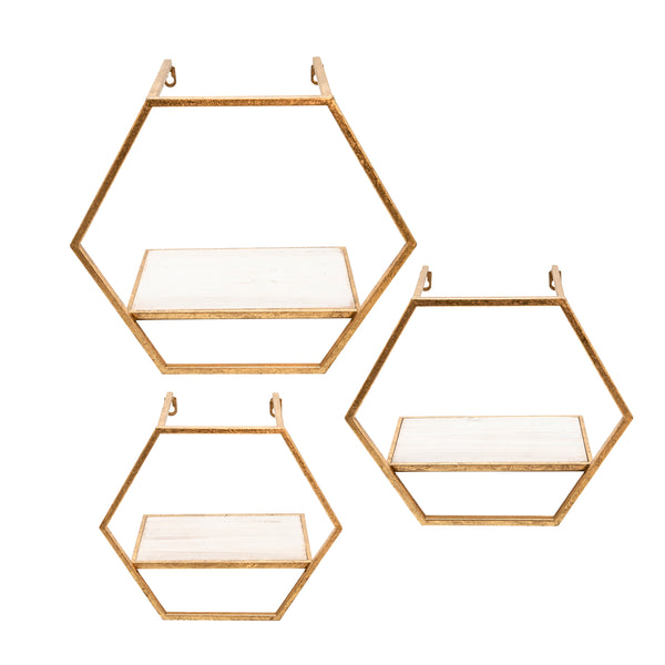 S/3 Metal/wood Hexagon Wall Shelves, Gold