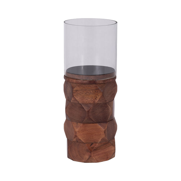 Wood, 10" Stacked Hexagon Pillar Hurricane, Brown