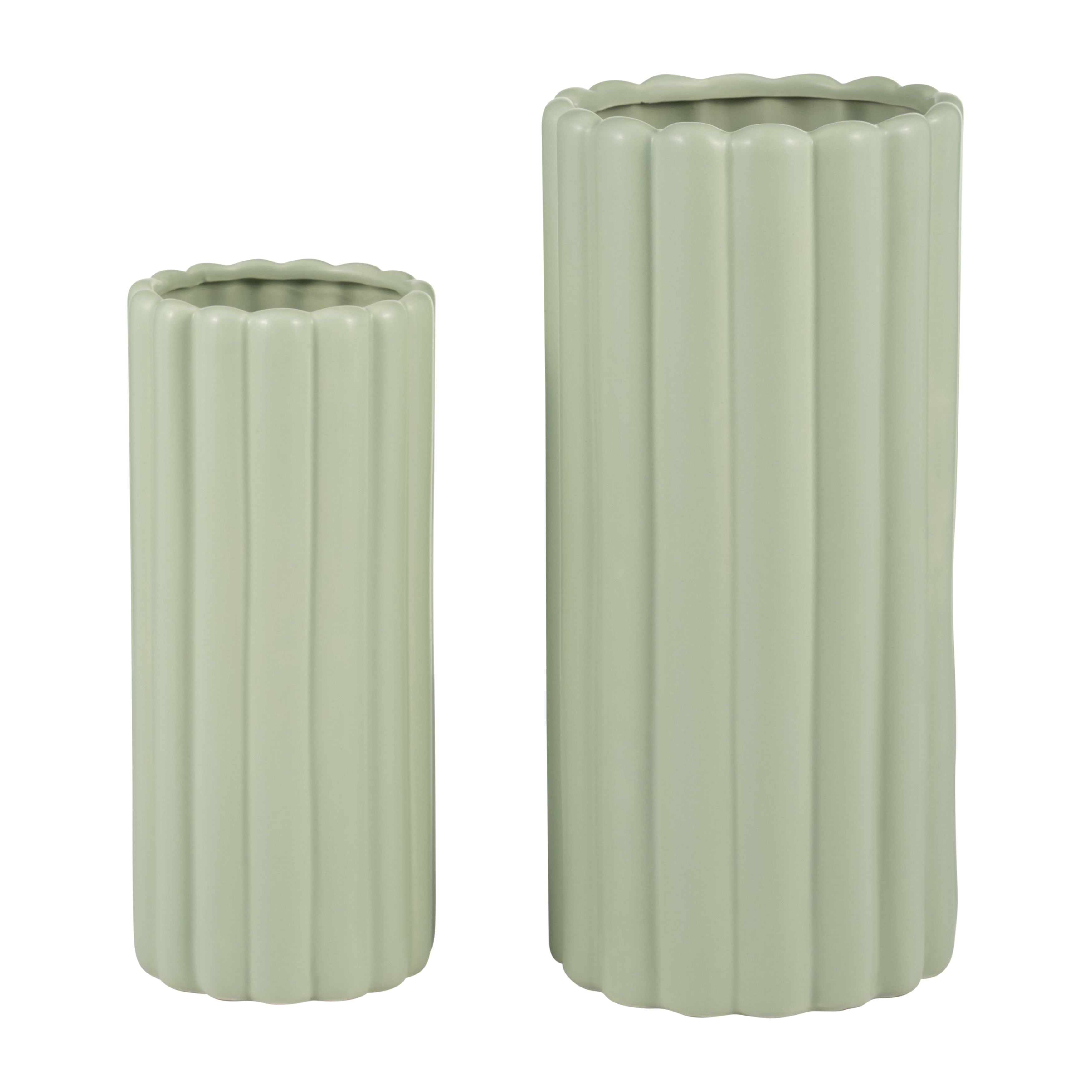 Cer, S/2 10/13?h Ribbed Vases, Cucumber