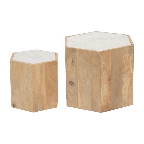 Wood/marble, S/2 14/20" Hexagonal Side Tables, Nat