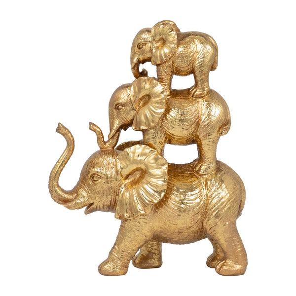 Resin, 10" Stacked Raised Trunk Elephants, Gold