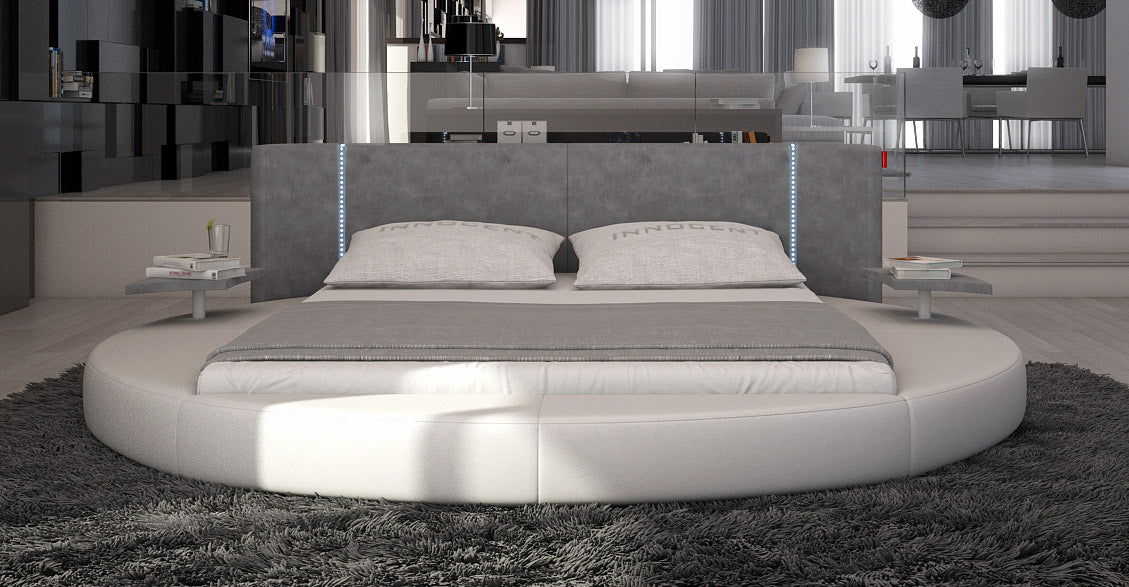 Queen Rotondo Modern Eco-Leather Round Bed w/ LED Lights