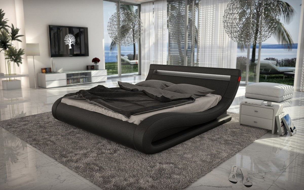 Queen Modrest Corsica - Contemporary Black Leatherette Bed with Headboard Lights