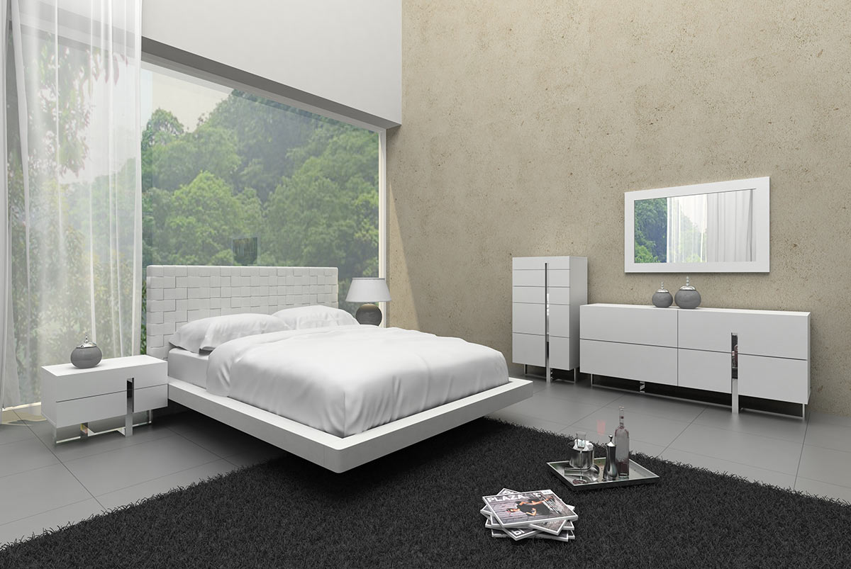 Queen Voco Modern White Leather Pattern Headboard Bed